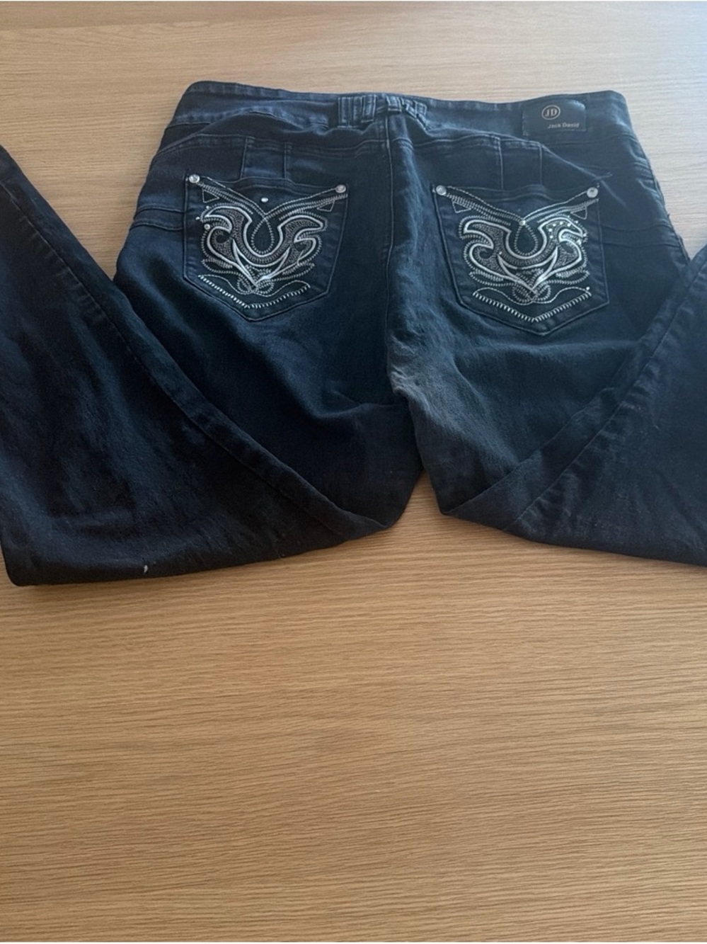 JACK DAVID black baggy jeans with embroidery on back pockets/diamond studs front